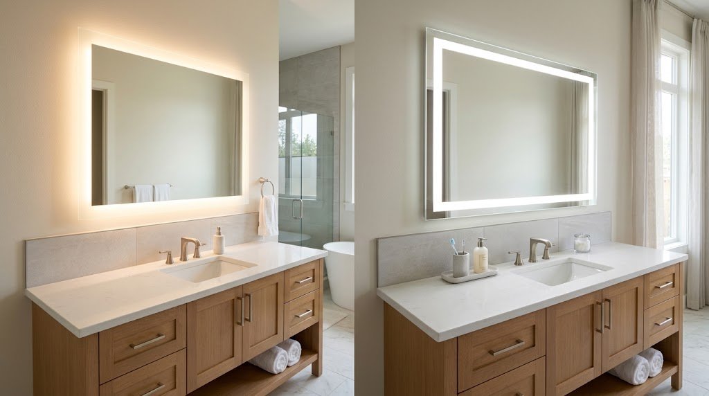 Backlit vs front-lit bathroom mirrors showing rear halo lighting and forward-facing LED illumination in modern vanities.