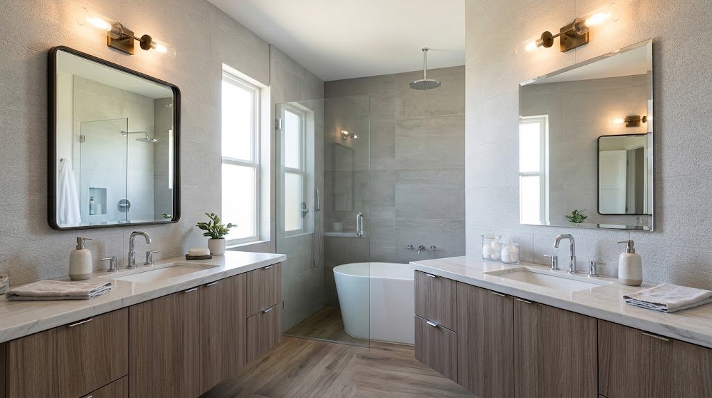 Framed and frameless bathroom mirrors compared in a modern bathroom