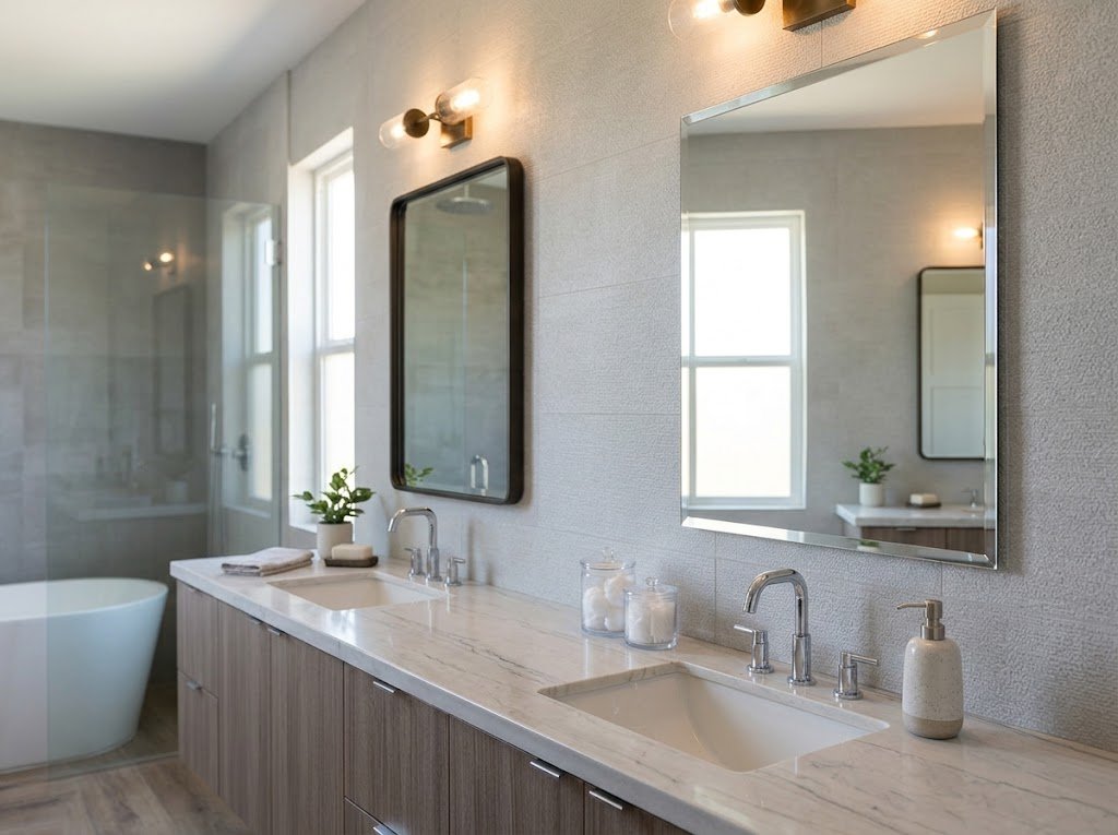 Framed and frameless bathroom mirrors showing their different border designs