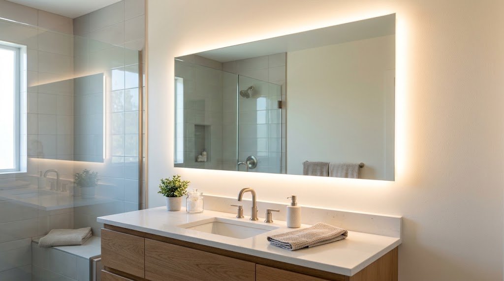 Backlit bathroom mirror creating a soft halo of LED light on the wall behind it.