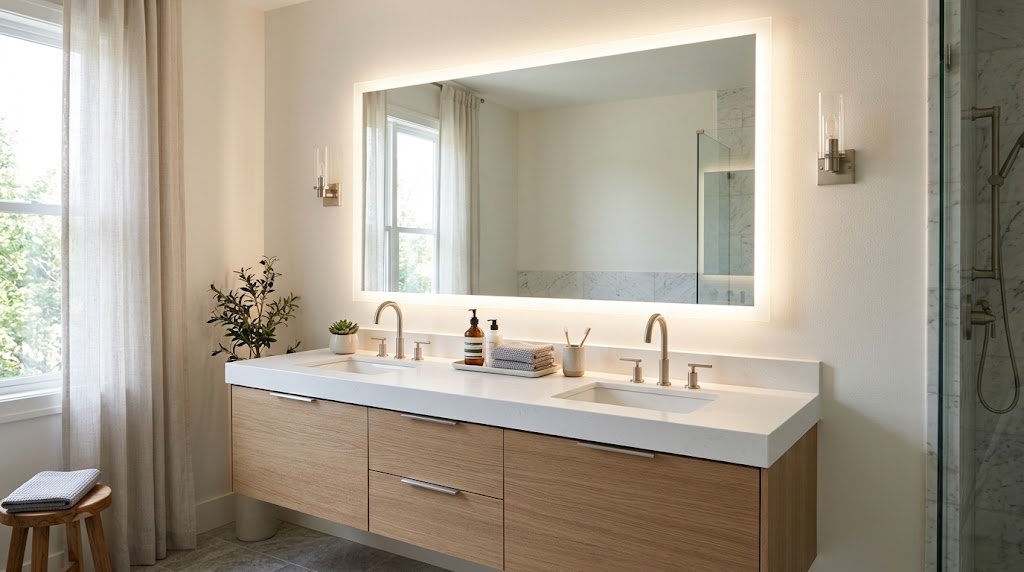 Front-lit LED bathroom mirror directing light toward the sink and vanity countertop.