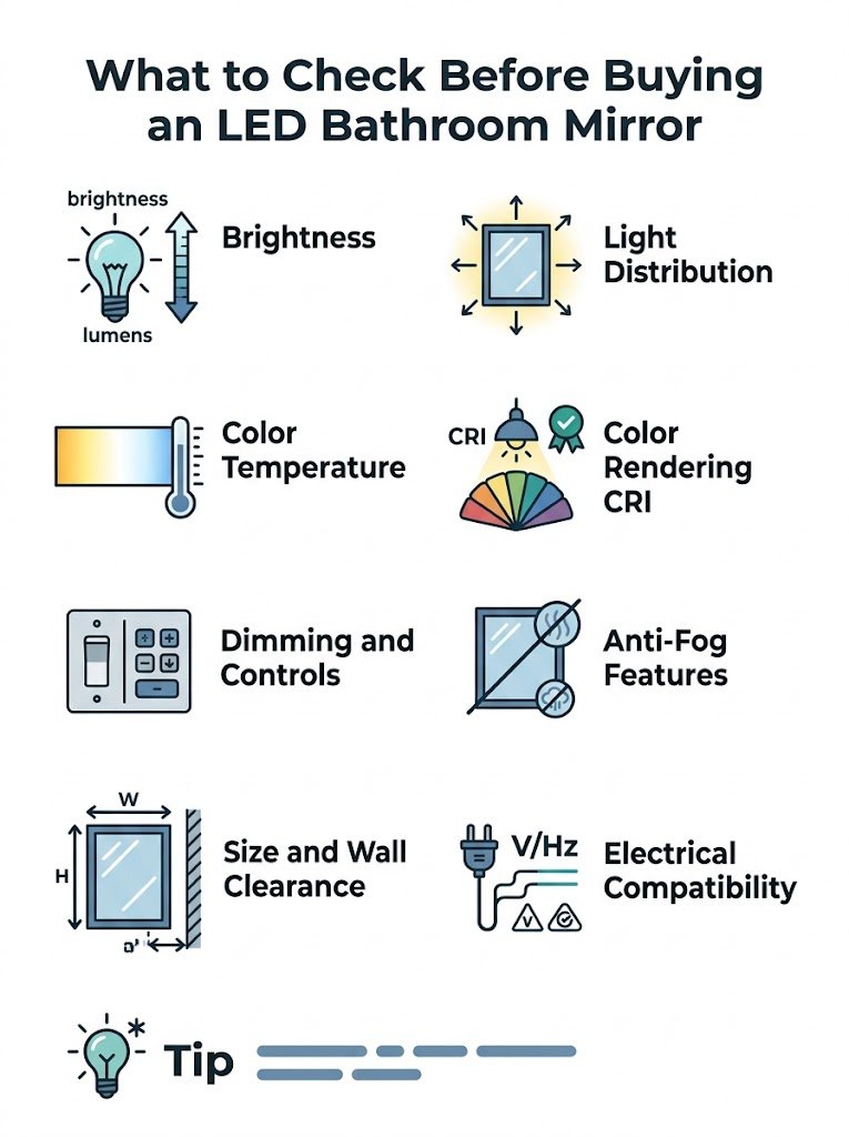 Infographic checklist of eight features to check before buying a backlit or front-lit LED bathroom mirror, including brightness, color rendering, dimming, anti-fog, size, and electrical compatibility.