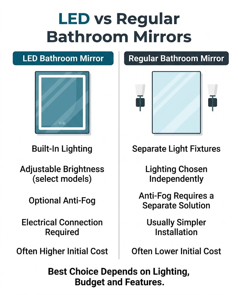 Infographic comparing LED and regular bathroom mirrors by lighting, cost, installation, and anti-fog features.