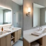 LED bathroom mirror compared with a regular bathroom mirror and separate wall lighting.