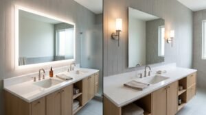 LED bathroom mirror compared with a regular bathroom mirror and separate wall lighting.