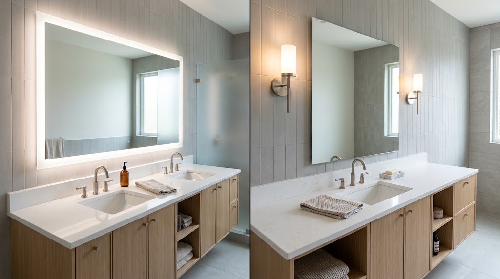 LED bathroom mirror compared with a regular bathroom mirror and separate wall lighting.