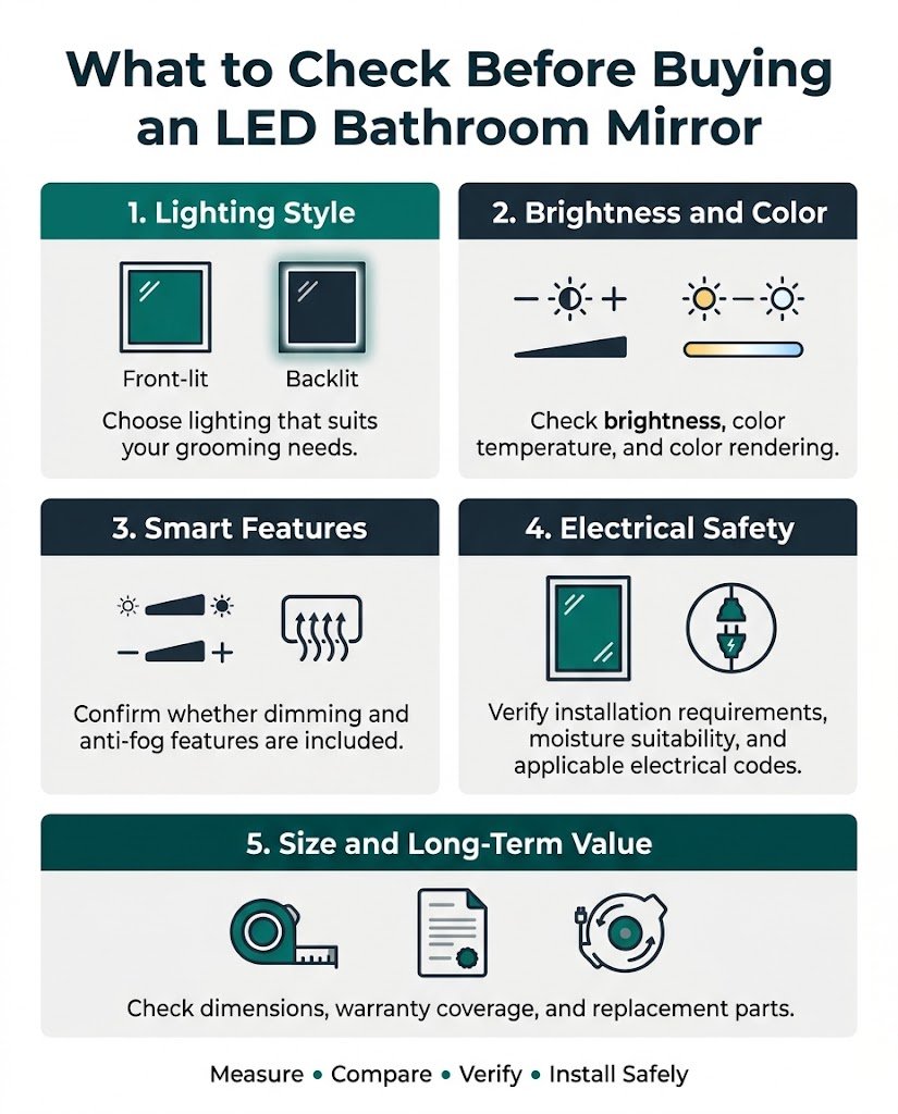 Infographic checklist of five things to check before buying an LED bathroom mirror, including lighting, features, electrical safety, size, and warranty.